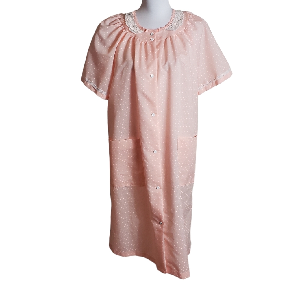 Vintage Its A Charm Peach Polka Dot Nightgown Sz M Lace Collar Snap Button USA
